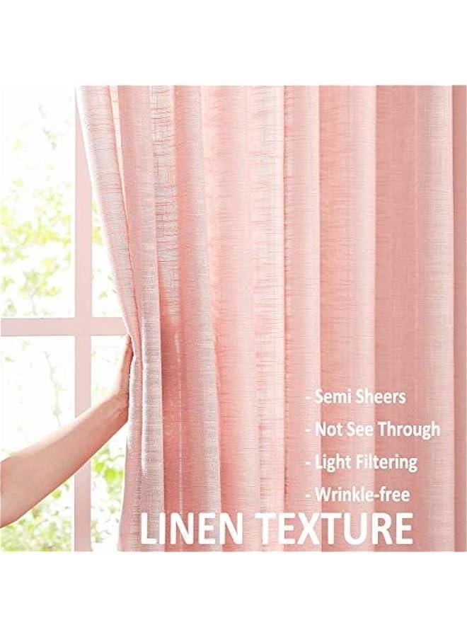 Linen Semi Sheer Curtains for Bedroom, Blush Pink Curtains 96 Inches Long for Living Room, Country Farmhouse Sheer Drapes, Light Filtering Window Curtains, Grommet Top 2 Panels  - Image 2