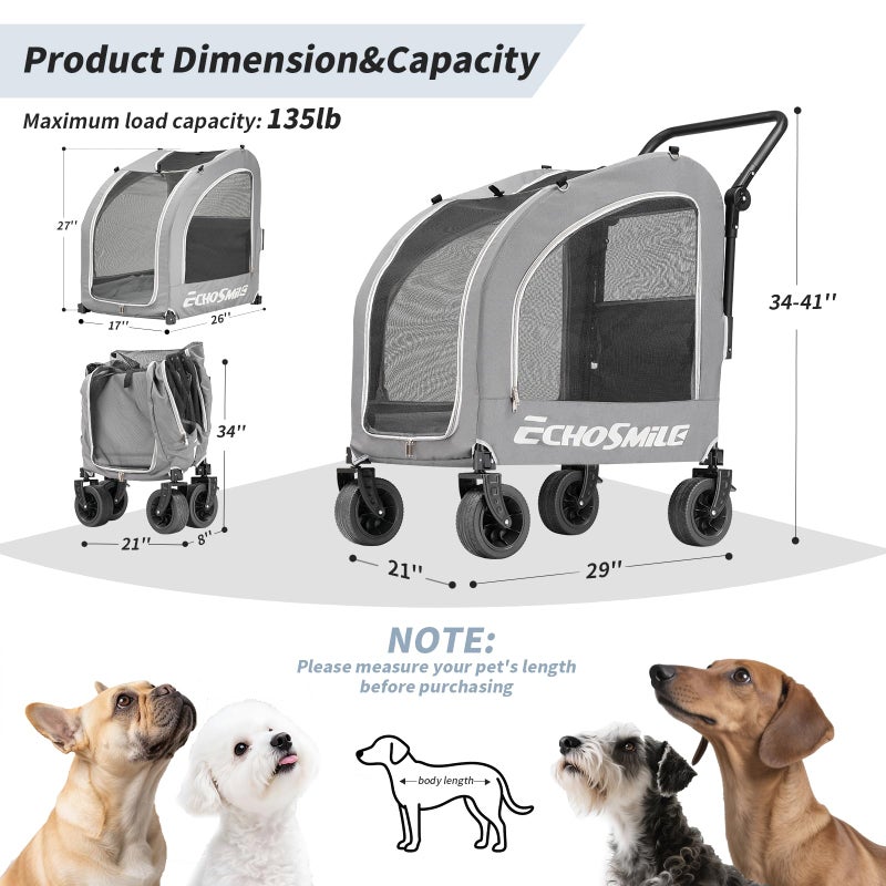 EchoSmile 4 Wheels Pet Stroller, Foldable Dog & Cat Stroller for All-Season, Lightweight Carrier with Storage Basket, Adjustable Handle, Removable Pad, Breathable Mesh, Up to 135 lbs, Grey - Image 2