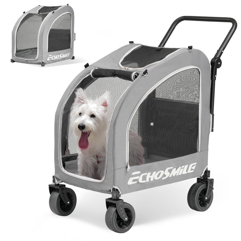 EchoSmile 4 Wheels Pet Stroller, Foldable Dog & Cat Stroller for All-Season, Lightweight Carrier with Storage Basket, Adjustable Handle, Removable Pad, Breathable Mesh, Up to 135 lbs, Grey - Image 1