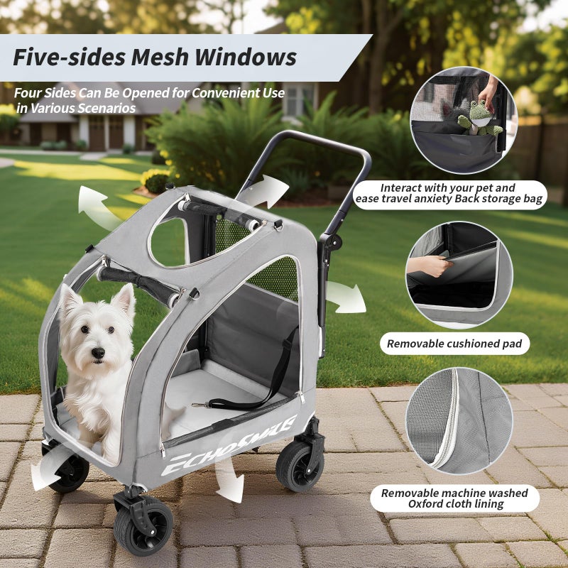 EchoSmile 4 Wheels Pet Stroller, Foldable Dog & Cat Stroller for All-Season, Lightweight Carrier with Storage Basket, Adjustable Handle, Removable Pad, Breathable Mesh, Up to 135 lbs, Grey - Image 3
