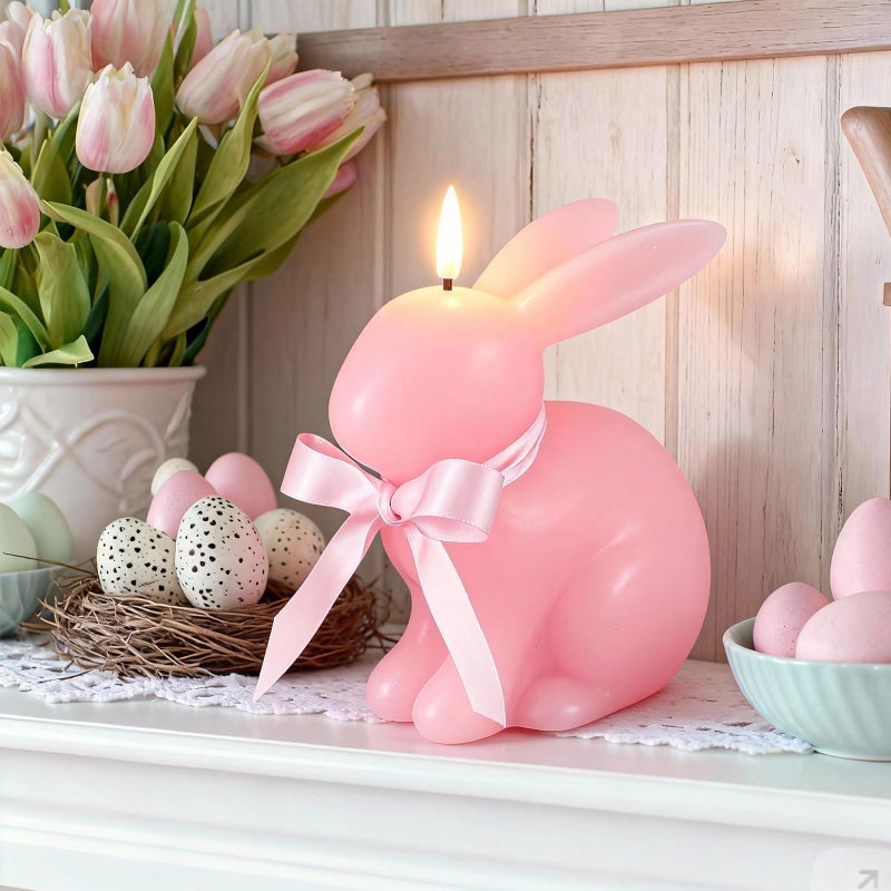 Baquler Easter Bunny Flameless Candle, Easter Real Wax Carved LED, Scented Bunny Shape Flameless Candle Set for Home Living Room Bedroom Party Decoration Centerpiece Table Home Decor (Pink) - Image 1