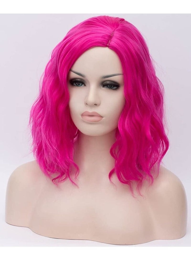 Estelle Short Bob Wavy Curly Wig White Ombre Wig For Women Heat Resistant Bob Party Wig Include Wig Cap Dark Pink - Image 3