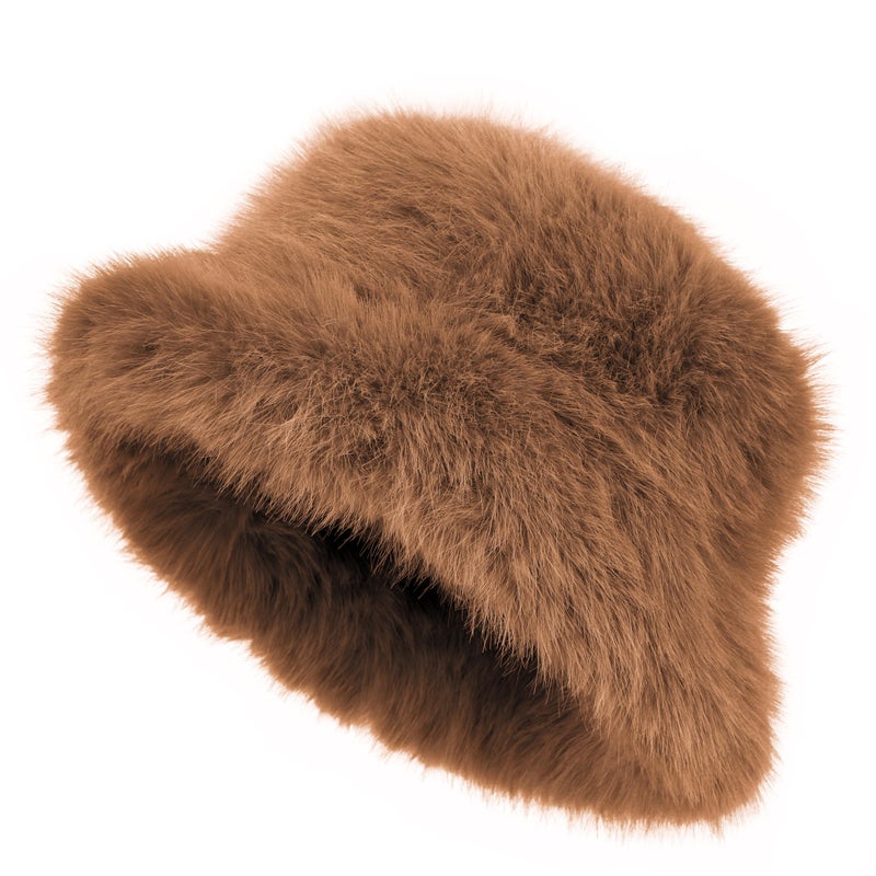 LA CARRIE Women's Fuzzy Wide Brim Faux Fur Bucket Hat Winter Warmer Fisherman Cap(Brown) - Image 1
