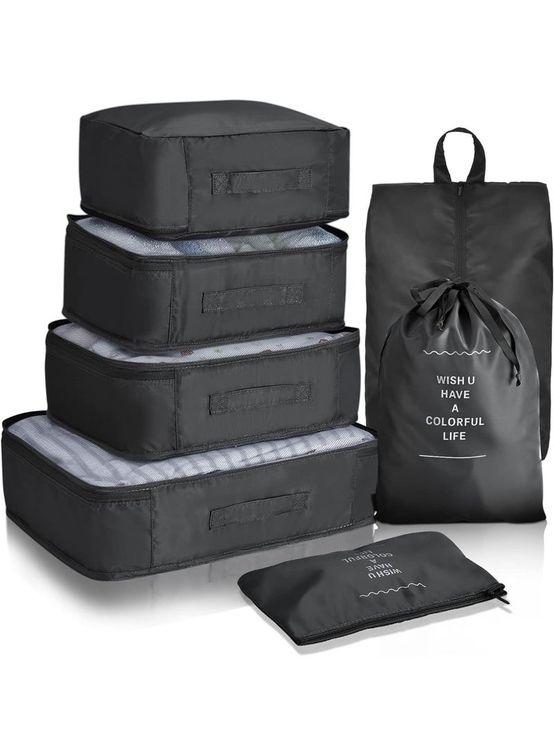 Packing Cubes for Travel – Black 7 PCS Travel Organizer Bags Set with Shoe Organizer, Toiletry Bag & Laundry Bag – Luggage Storage Pouches & Travel Essentials Organizer - Image 1