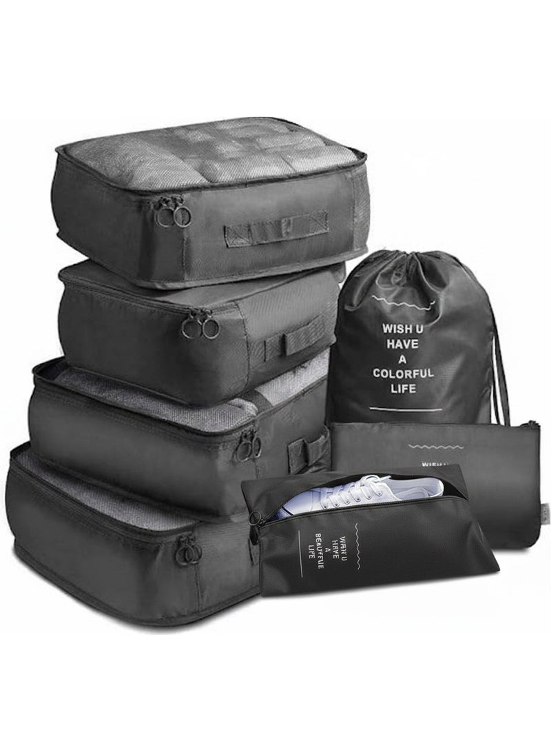 Packing Cubes for Travel – Black 7 PCS Travel Organizer Bags Set with Shoe Organizer, Toiletry Bag & Laundry Bag – Luggage Storage Pouches & Travel Essentials Organizer - Image 1