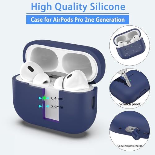 MHYALUDO for AirPods Pro 2nd Generation Case Cover, Military Grade Anti-Fall Soft Silicone Shock-Absorbing for AirPods Pro Case Skin Touch with Keychain and Cleaning Kit, Midnight Blue - Image 5