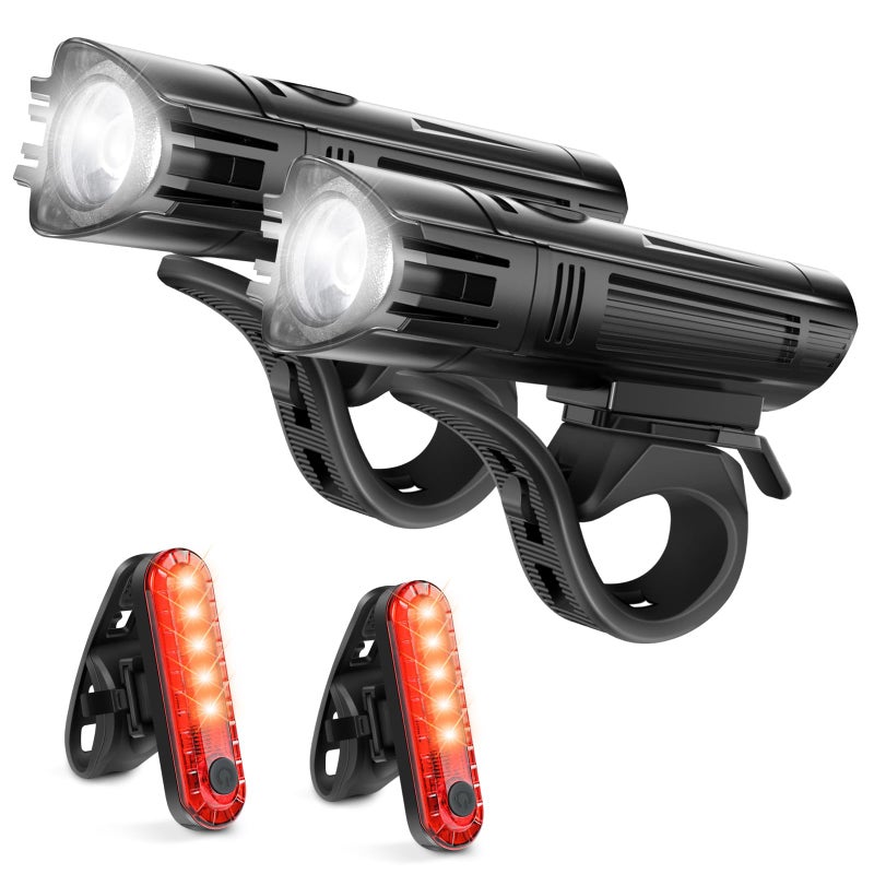 Ascher Ultra Bright USB Rechargeable Bike Light Set, Powerful Bicycle Front Headlight and Back Taillight, 4 Light Modes, Easy to Install for Men Women Road Mountain Cycling Black, Set of 2 - Image 1