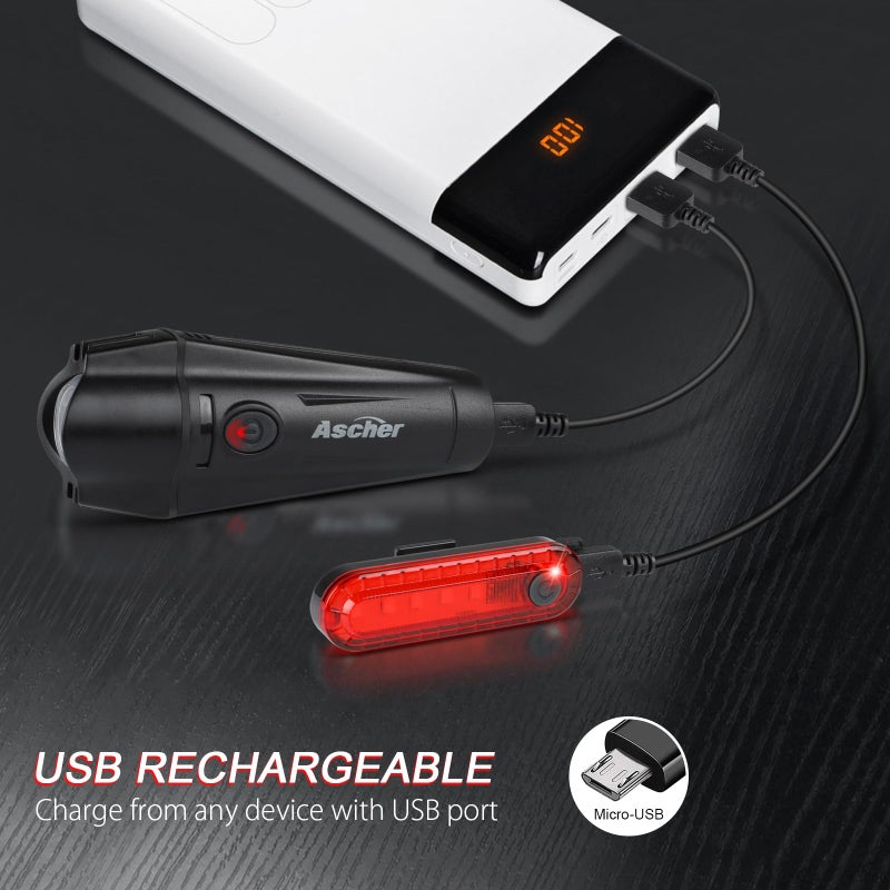 Ascher Ultra Bright USB Rechargeable Bike Light Set, Powerful Bicycle Front Headlight and Back Taillight, 4 Light Modes, Easy to Install for Men Women Road Mountain Cycling Black, Set of 2 - Image 2