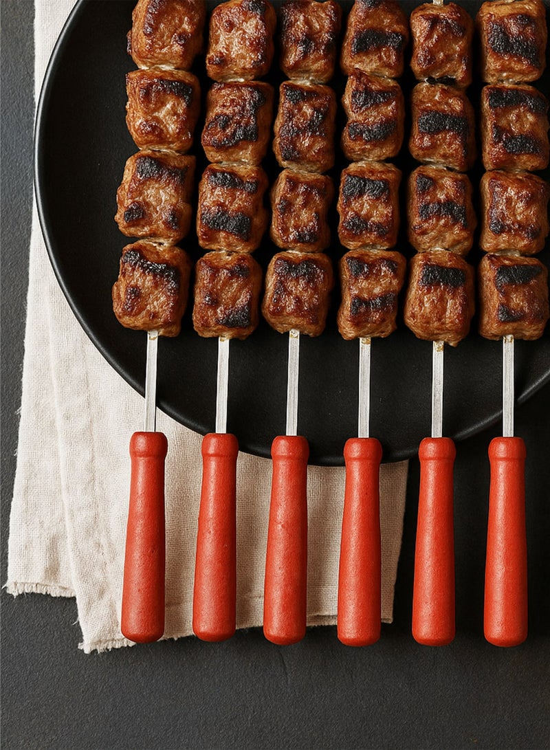 Toshionics 6pcs Stainless Steel Square Pointed Tip BBQ Skewers with Brownish Red Wooden Handle (60cm) - Image 2