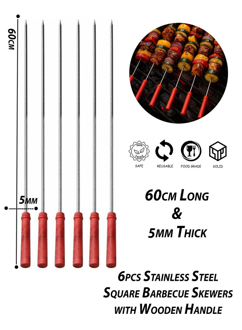 Toshionics 6pcs Stainless Steel Square Pointed Tip BBQ Skewers with Brownish Red Wooden Handle (60cm) - Image 1