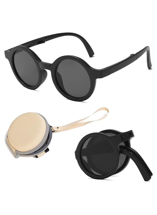 Bee Foldable Sunglasses With Bag For Kids, Round Folding Easy Carry Foldable Shades UV400 Protection Lens, Sun Protection Sunglasses Suitable for Summer Outdoor Beach Travel Camping - Black - Image 1