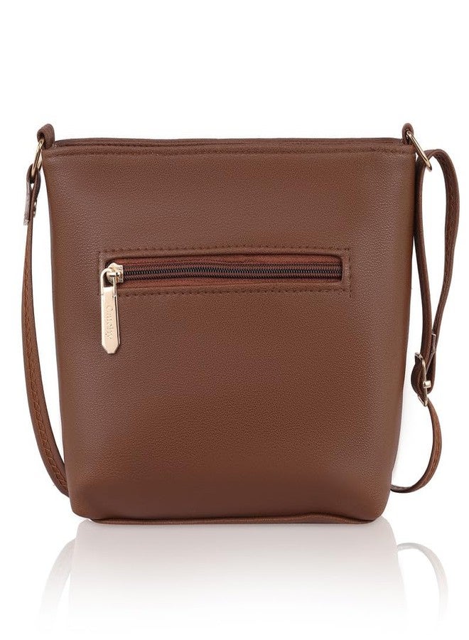Catchy Brown Faux Leather Zip Closure Womens SlingBag - Image 4