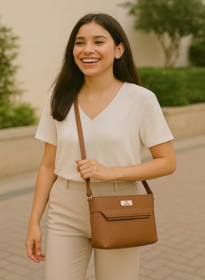 Catchy Brown Faux Leather Zip Closure Womens SlingBag - Image 2