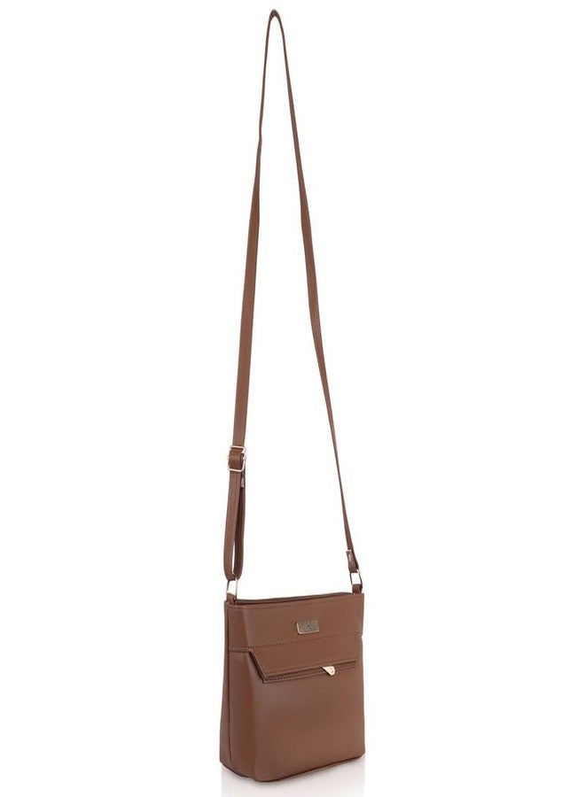 Catchy Brown Faux Leather Zip Closure Womens SlingBag - Image 5