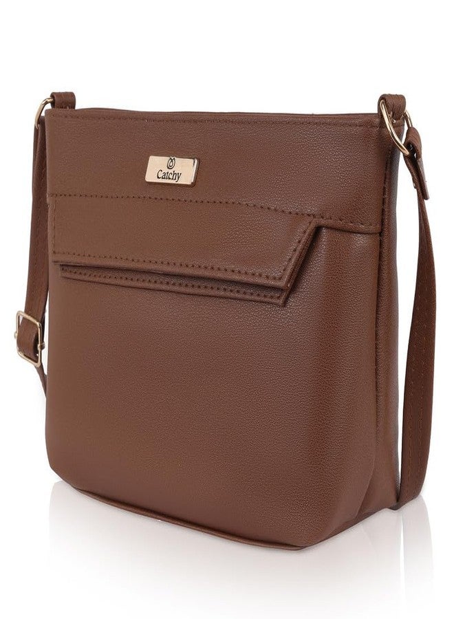 Catchy Brown Faux Leather Zip Closure Womens SlingBag - Image 3