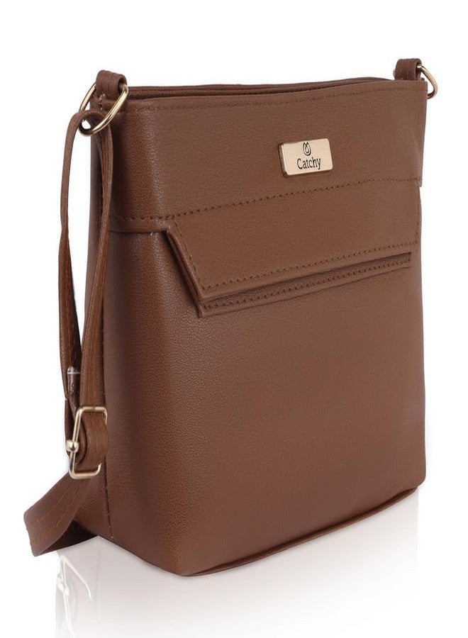 Catchy Brown Faux Leather Zip Closure Womens SlingBag - Image 1