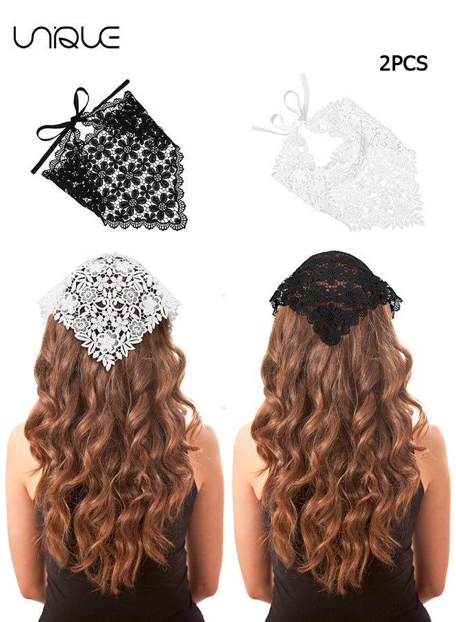 Unique 2 Pcs Floral Crochet Headbands - Floral Triangle Headbands - Floral Leaf Triangle Headbands - 1950s Vintage Bandana Tassels Bandana - White/Black - Image 1