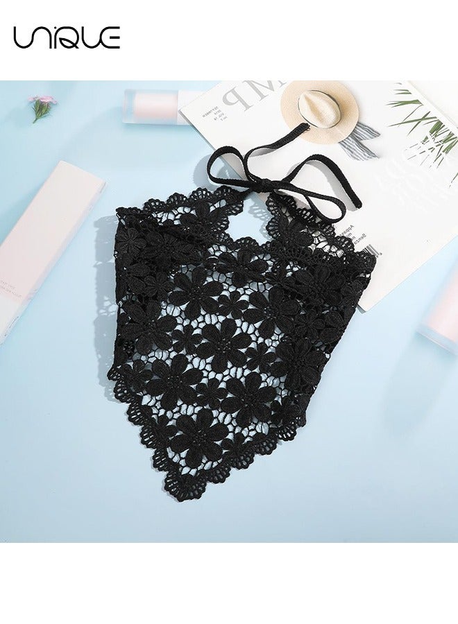 Unique 2 Pcs Floral Crochet Headbands - Floral Triangle Headbands - Floral Leaf Triangle Headbands - 1950s Vintage Bandana Tassels Bandana - White/Black - Image 5