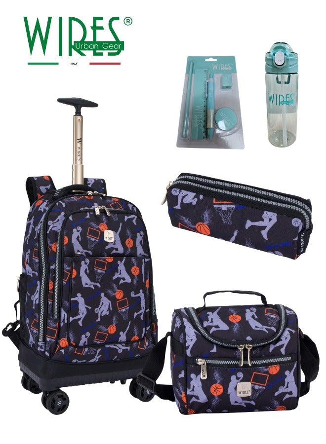 Wires 3 Piece Kids School Trolley Bag laptop compartment 4 Wheels With Lunch bag & Pencil Case - Image 1