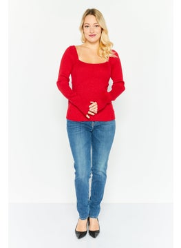 INC Women Square Neck Long Sleeves Ribbed Top, Red  - Image 4