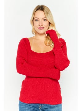 INC Women Square Neck Long Sleeves Ribbed Top, Red  - Image 1