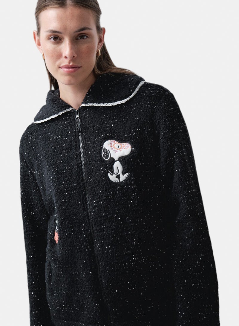 women'secret Snoopy short black fleece robe - Image 1