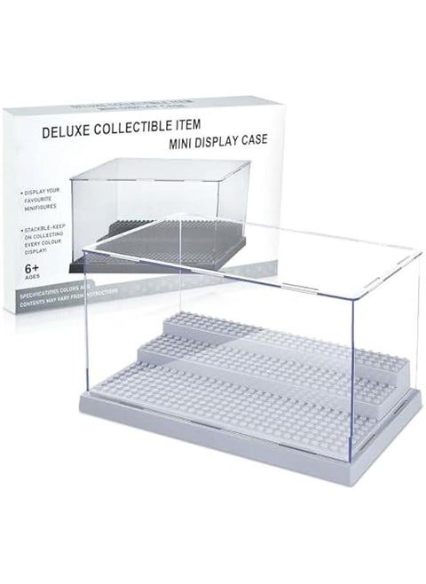 Minifigure Display Case for Action Figures Blocks, Acrylic Display Box Storage, Clear Minifigure Display Shelves with 3 Movable Steps Disply Shelf Gift Collection Models Minifigures (Grey)