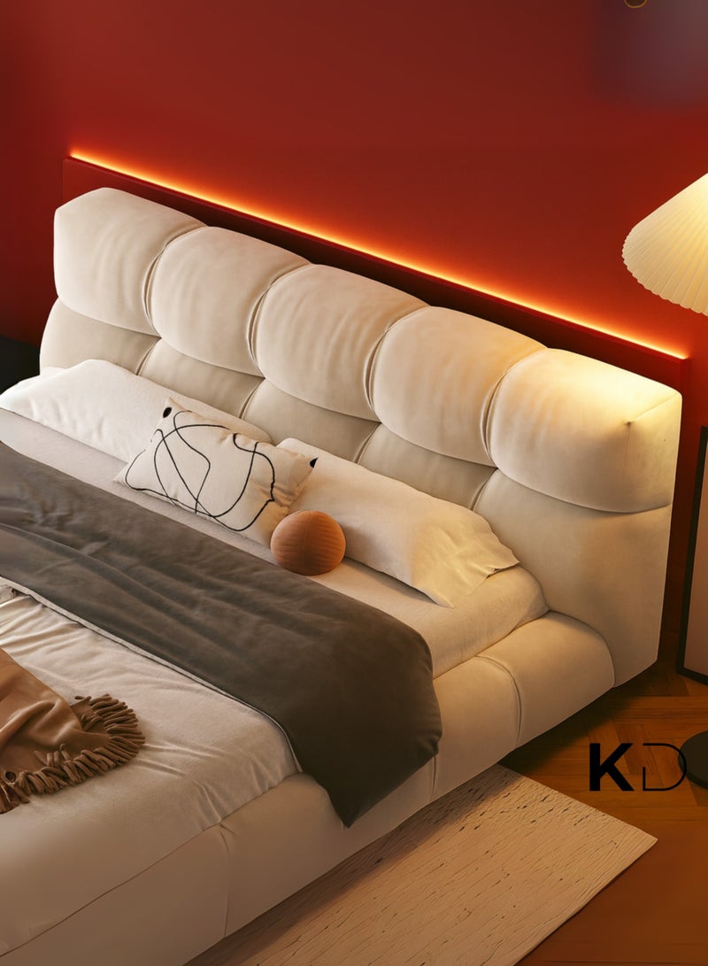 كستم ديكو سرير فاخر منجد بمقاس كبير مع إضاءة LED | تصميم عصري عائم، لوح رأس مبطن قابل للتخصيص، لمسة نهائية مخملية بيج، مقاس كبير ١٨٠ × ٢٠٠ سم، متوفر في الإمارات العربية المتحدة - Image 5
