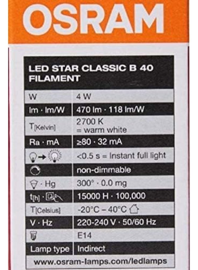 Osram LED Bulb E14 Filament Warm White 2700K 4W Classic B 40 Clear Light Non Dimmable Pack Of 10 - Image 5