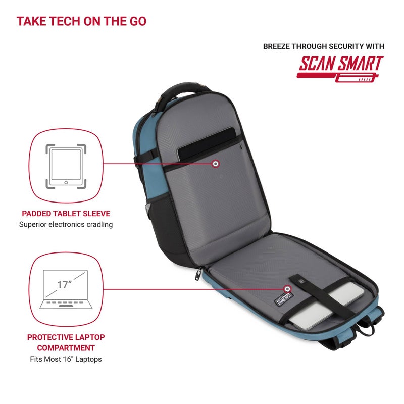 SWISSGEAR حقيبة ظهر كمبيوتر محمول SwissGear Travel Tech Pro – تناسب أجهزة الكمبيوتر المحمولة حتى 16 بوصة – حقيبة ظهر ScanSmart صديقة لـ TSA مع جيوب منظم متعددة – أزرق - Image 2