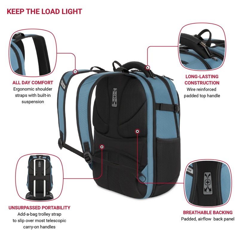 SWISSGEAR حقيبة ظهر كمبيوتر محمول SwissGear Travel Tech Pro – تناسب أجهزة الكمبيوتر المحمولة حتى 16 بوصة – حقيبة ظهر ScanSmart صديقة لـ TSA مع جيوب منظم متعددة – أزرق - Image 5
