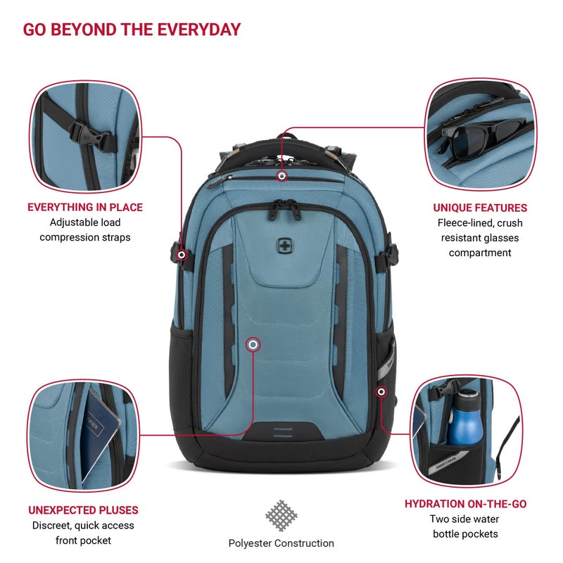 SWISSGEAR حقيبة ظهر كمبيوتر محمول SwissGear Travel Tech Pro – تناسب أجهزة الكمبيوتر المحمولة حتى 16 بوصة – حقيبة ظهر ScanSmart صديقة لـ TSA مع جيوب منظم متعددة – أزرق - Image 3