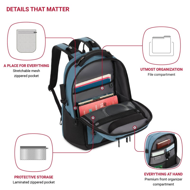 SWISSGEAR حقيبة ظهر كمبيوتر محمول SwissGear Travel Tech Pro – تناسب أجهزة الكمبيوتر المحمولة حتى 16 بوصة – حقيبة ظهر ScanSmart صديقة لـ TSA مع جيوب منظم متعددة – أزرق - Image 4