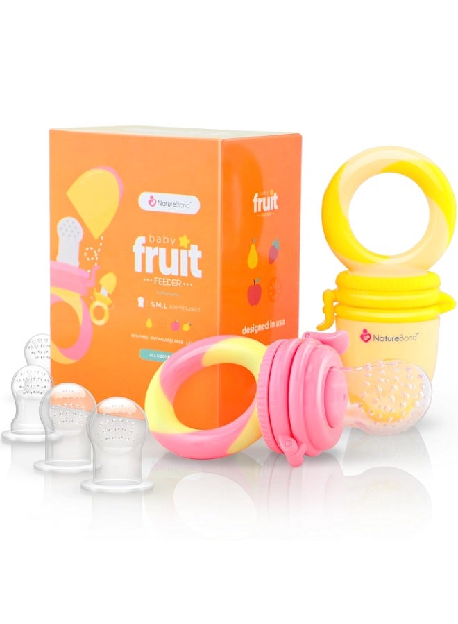 NatureBond Baby Food Feeder/Fruit Feeder Pacifier Nibbler (2 Pack) - Infant Teething Toy Teether Weaning in Appetizing Colors | + Additional Silicone Sacs - Image 1