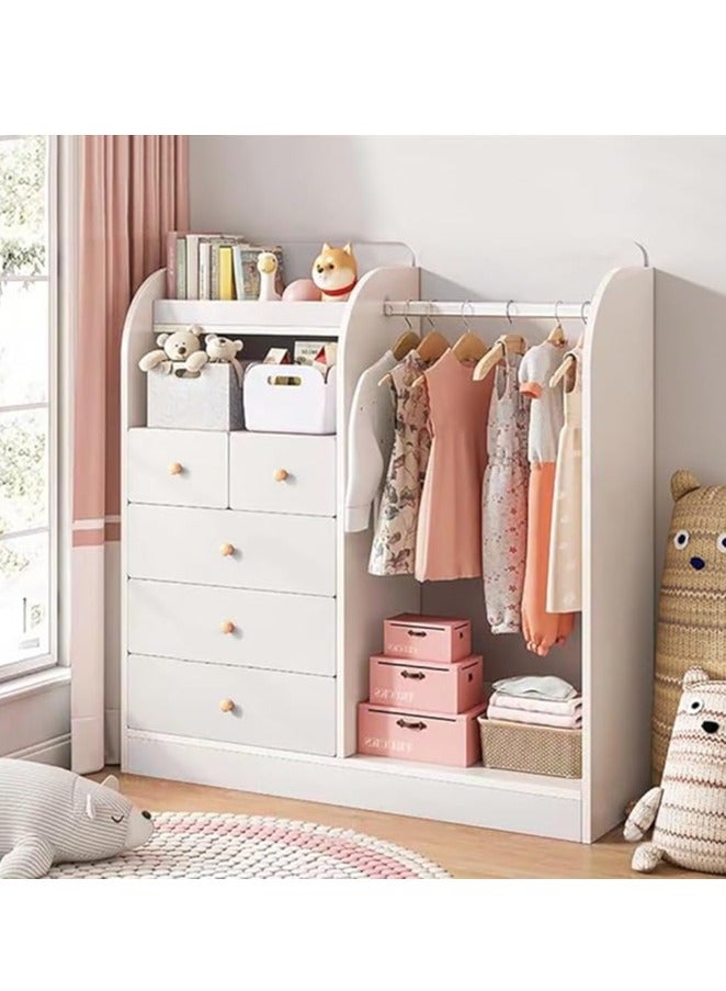 Generic Kids Wardrobe﻿ Kids Clothing Rack Freestanding Half-Open Clothes Rack Baby Storage Cabinet with 5 Drawer Wooden Wardrobe Closet with Hanging Rods Storage Cupboard for Bedrooms,Entrances（White）  - Image 1