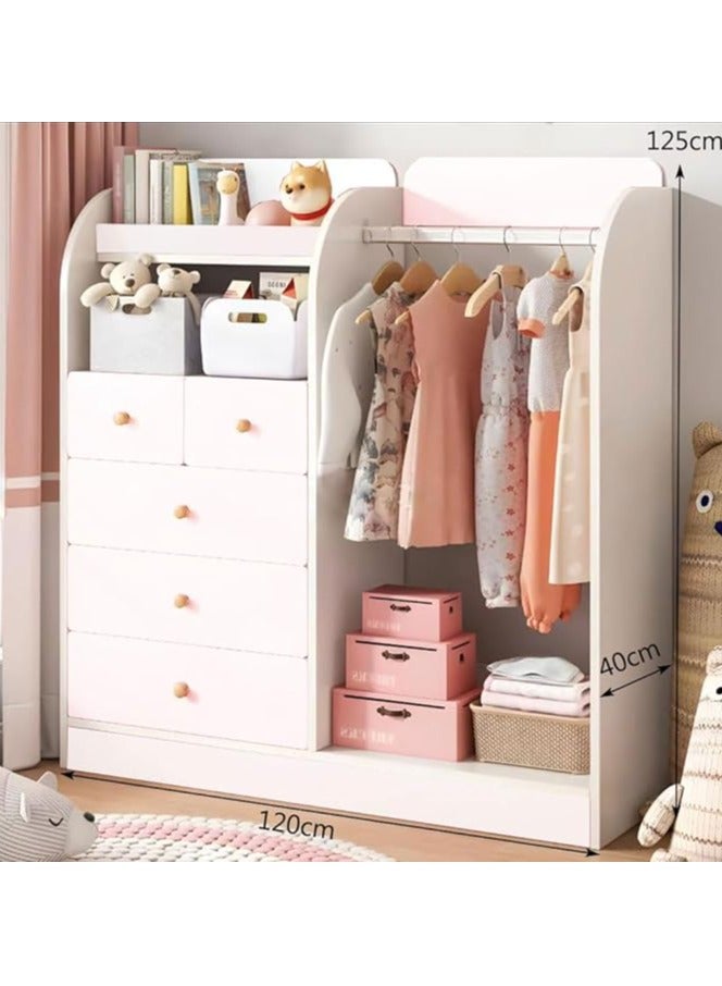 Generic Kids Wardrobe﻿ Kids Clothing Rack Freestanding Half-Open Clothes Rack Baby Storage Cabinet with 5 Drawer Wooden Wardrobe Closet with Hanging Rods Storage Cupboard for Bedrooms,Entrances（White）  - Image 2