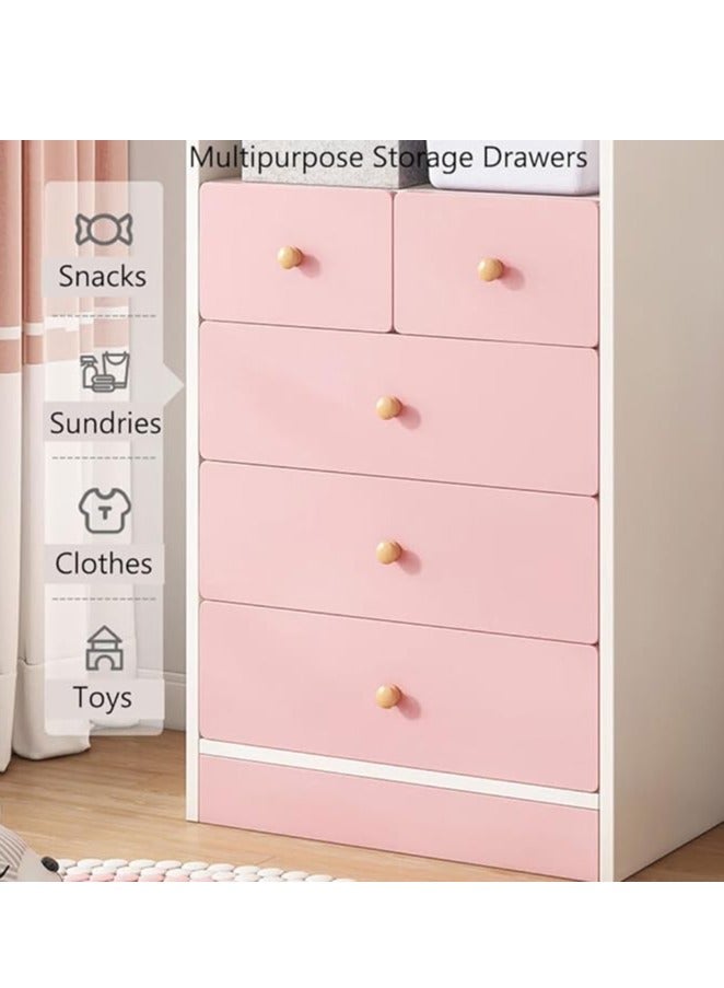 Generic Kids Wardrobe﻿ Kids Clothing Rack Freestanding Half-Open Clothes Rack Baby Storage Cabinet with 5 Drawer Wooden Wardrobe Closet with Hanging Rods Storage Cupboard for Bedrooms,Entrances（White）  - Image 4