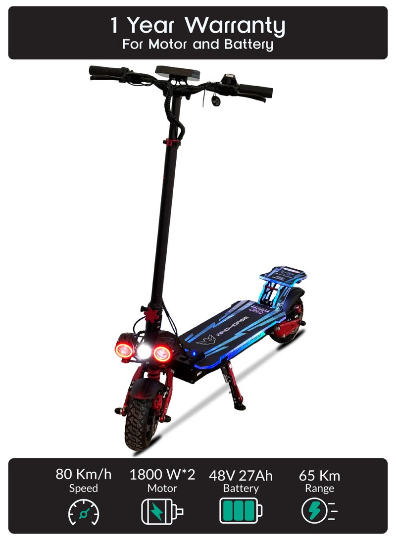 ويندهورس سكوتر ويندهورس H8 كهربائي قابل للطي بقوة 3600 واط بمحركين، بطارية 48 فولت 27 أمبير، سرعة تصل إلى 80 كم/س، مدى 65 كم، تعليق مزدوج، إطارات 10×3 بوصة، فرامل قرصية، شاشة LCD - Image 1