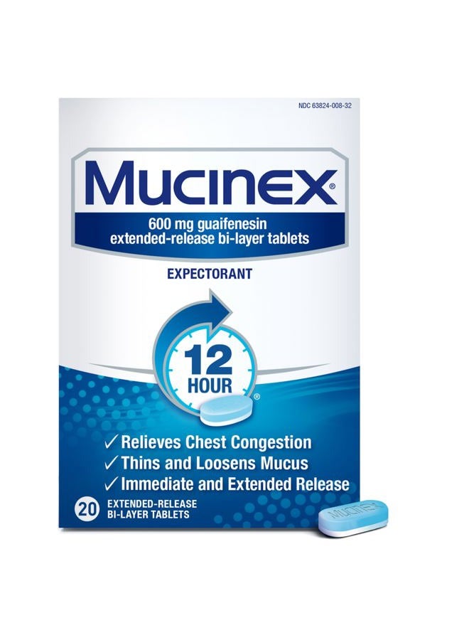 MUCINEX أقراص موسع الشعب الهوائية 12 ساعة للإفراز الممتد، 20 حبة، 600 ملغ جوايفينيسين مع تخفيف ممتد للاحتقان الصدري الناتج عن المخاط الزائد. يخفف ويحرر المخاط. - Image 1