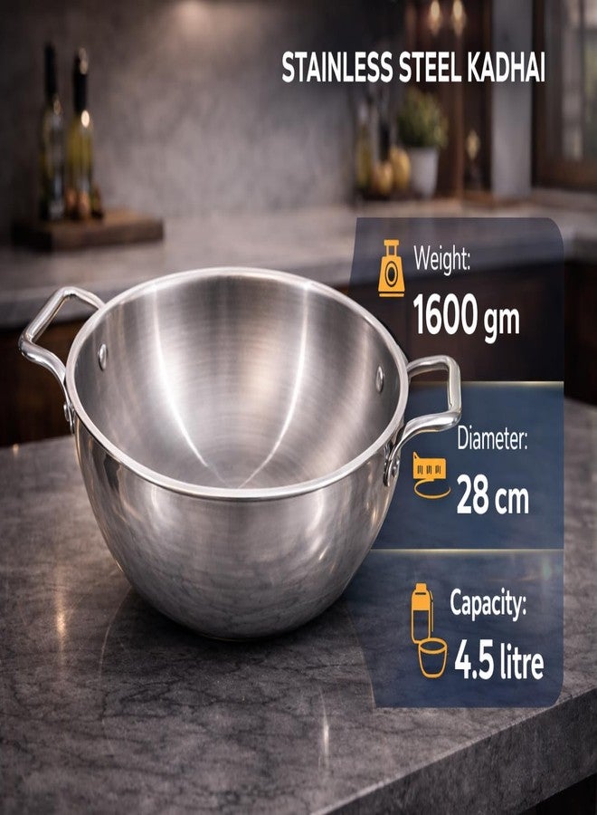 WEKTU Triply Stainless Steel Kadhai, 28 cm Diameter, 4.5 Litre Capacity, 3-Ply Construction with Aluminium Core, Induction Compatible - Image 2