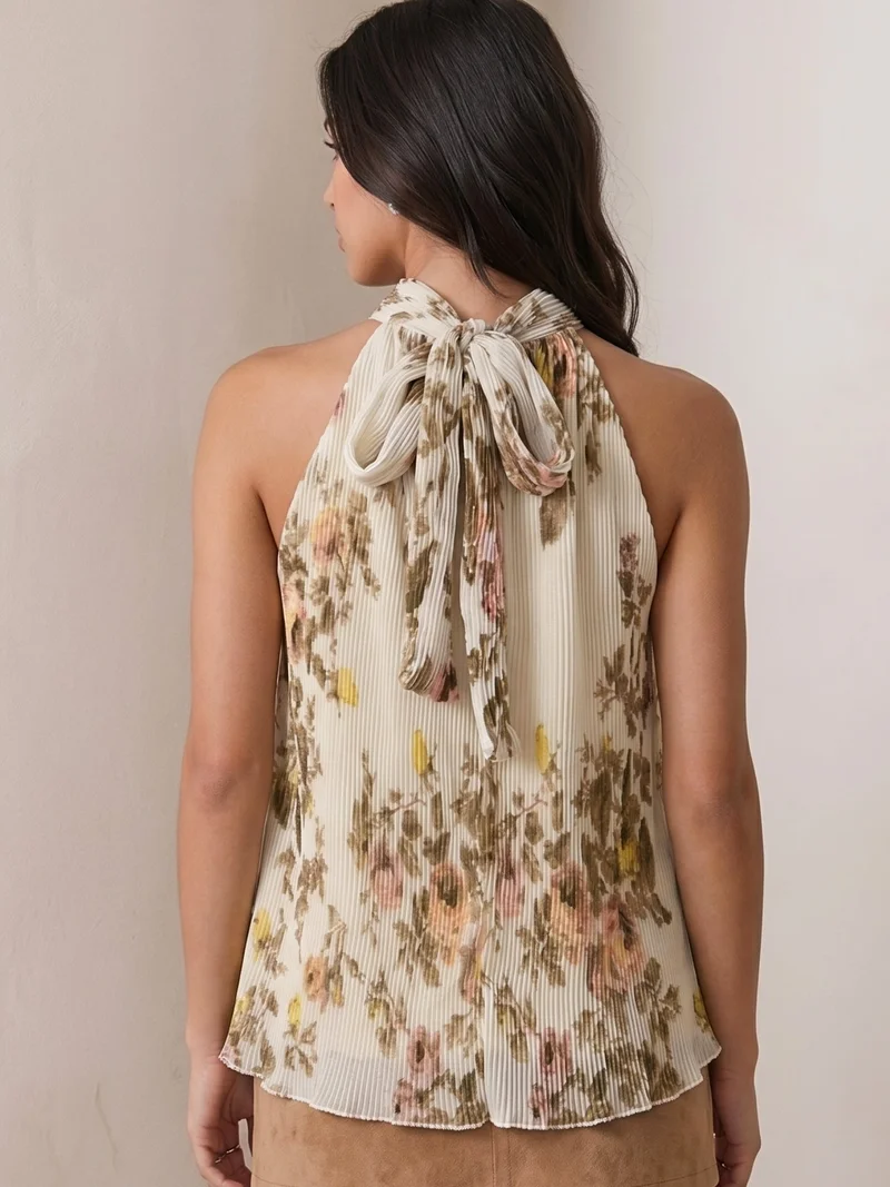 أوجيدر Beige Floral Print Halter Neck Sleeveless Top