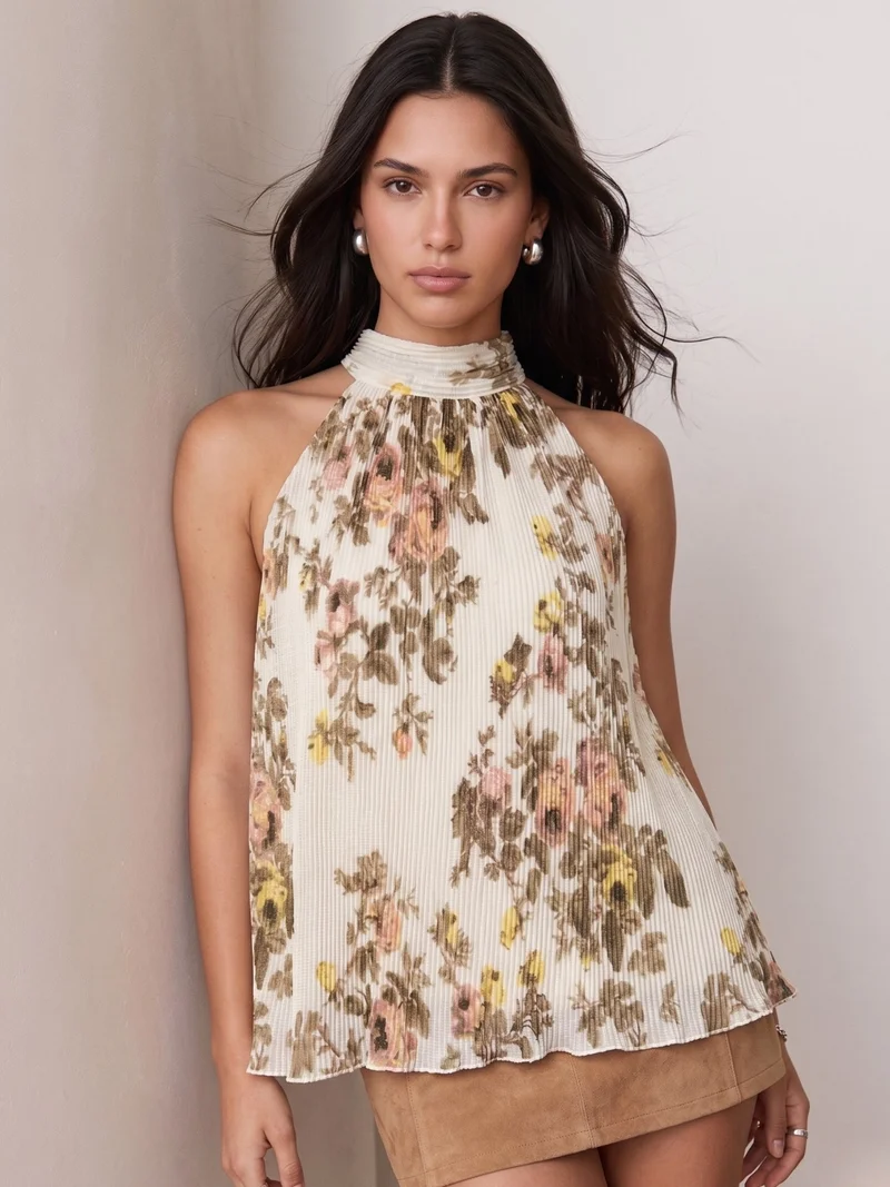 أوجيدر Beige Floral Print Halter Neck Sleeveless Top