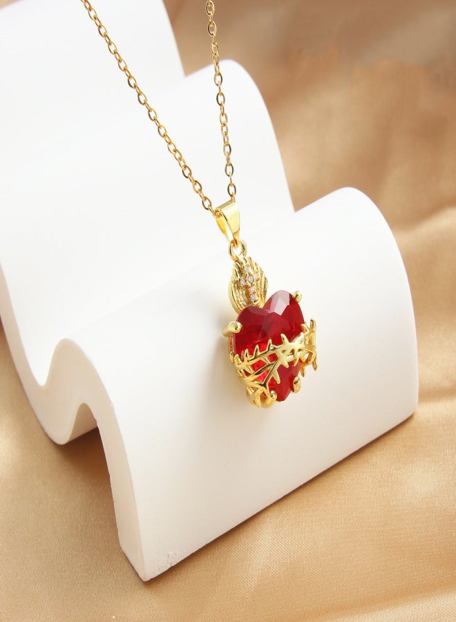 Red Heart-Shaped Zircon Cross Pendant Necklace