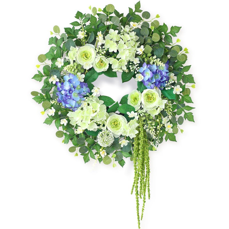 GLIDLION 26" Hydrangea & Eucalyptus Wreath for Front Door, Porch, Window - Large Artificial Silk Flowers Outdoor Wreath for Home, Farmhouse, Wedding Decor - Spring, Summer, All Seasons (White&Purple) - Image 1