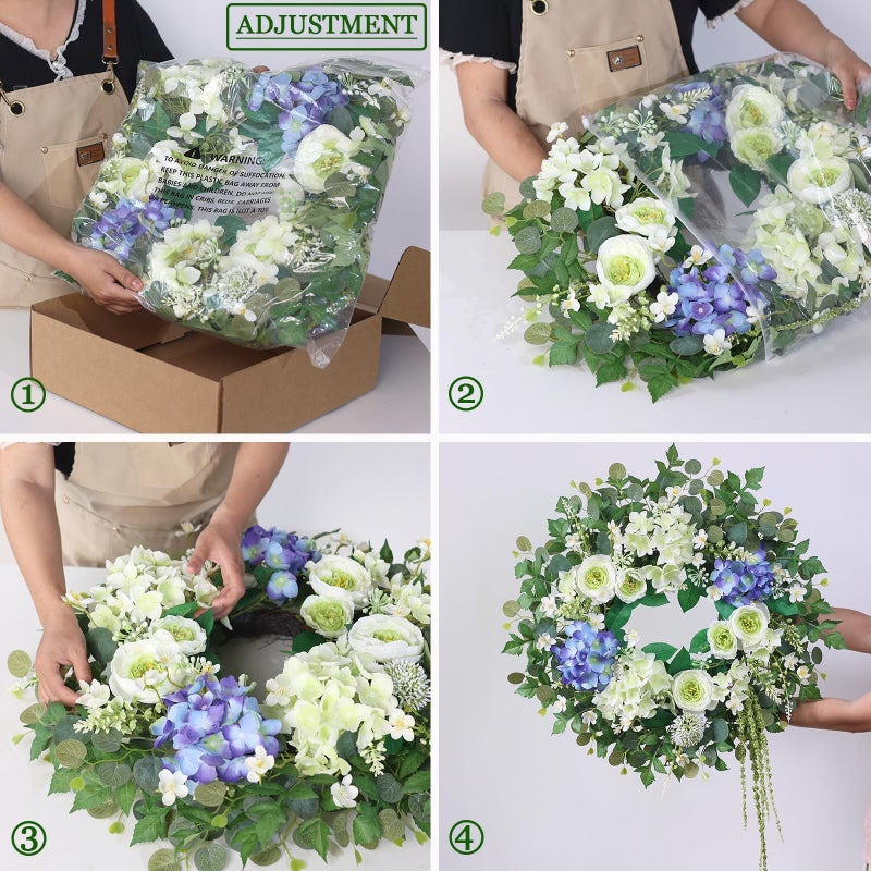 GLIDLION 26" Hydrangea & Eucalyptus Wreath for Front Door, Porch, Window - Large Artificial Silk Flowers Outdoor Wreath for Home, Farmhouse, Wedding Decor - Spring, Summer, All Seasons (White&Purple) - Image 5