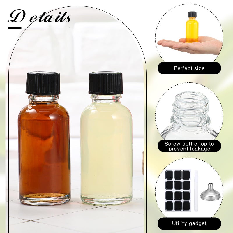 Hsei 1 oz Glass Bottle with Black Cap Clear Sample Boston Round Bottle Small Glass Containers with Lids and Funnel Chalk Labels Pen for Vanilla Extract Essential Oils(24 Pcs, 2 Sheet) - Image 2