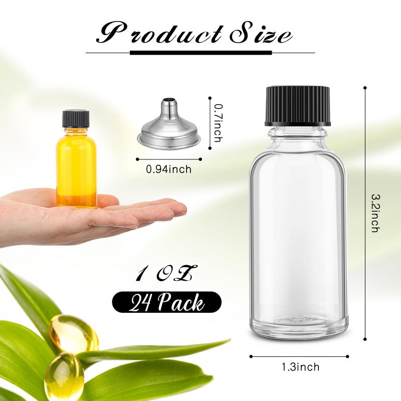 Hsei 1 oz Glass Bottle with Black Cap Clear Sample Boston Round Bottle Small Glass Containers with Lids and Funnel Chalk Labels Pen for Vanilla Extract Essential Oils(24 Pcs, 2 Sheet) - Image 3