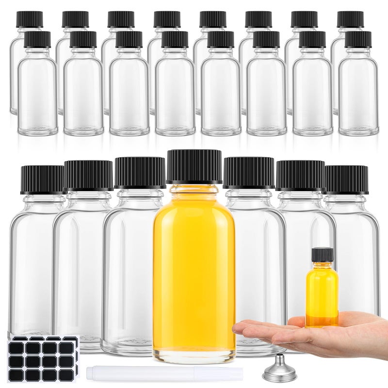 Hsei 1 oz Glass Bottle with Black Cap Clear Sample Boston Round Bottle Small Glass Containers with Lids and Funnel Chalk Labels Pen for Vanilla Extract Essential Oils(24 Pcs, 2 Sheet) - Image 1