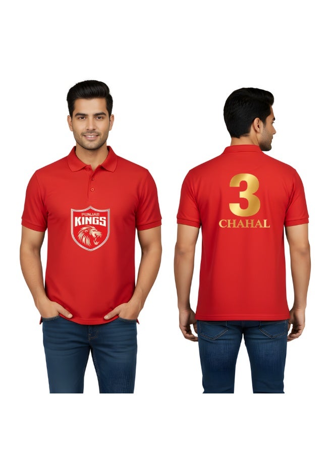 Punjab Cricket Fan Polo T-Shirt For Men–Red Dry-Fit Jersey With “3 CHAHAL” Print & Team Logo | Breathable Sportswear For Matches,Outdoor Games & Cricket Lovers - Image 1