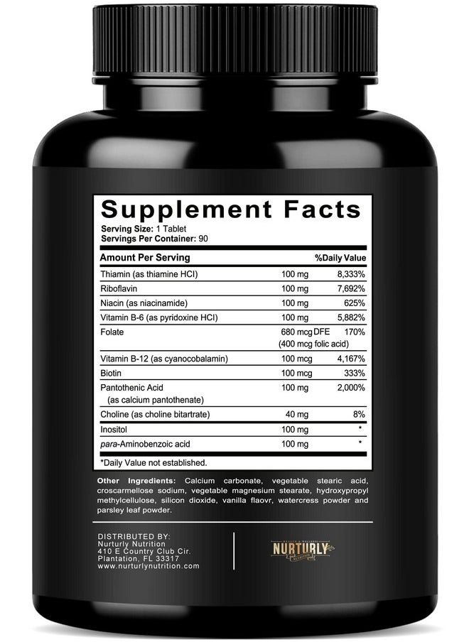 NURTURLY Vitamin B Complex - Contains All Essential B Vitamins - B1, B2, B3, B5, B6, B7, B9, B12 and Biotin - Super B Complex Vitamins for Energy, Immunity and Mood Support - 90 Tablets